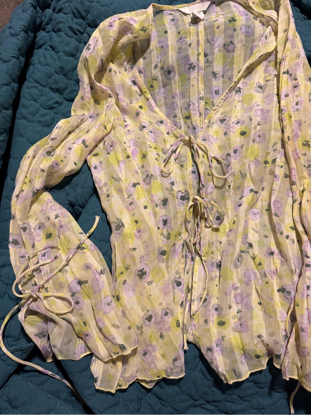 H&M Sheer Tie Front Flowy Long Sleeve Floral Blouse